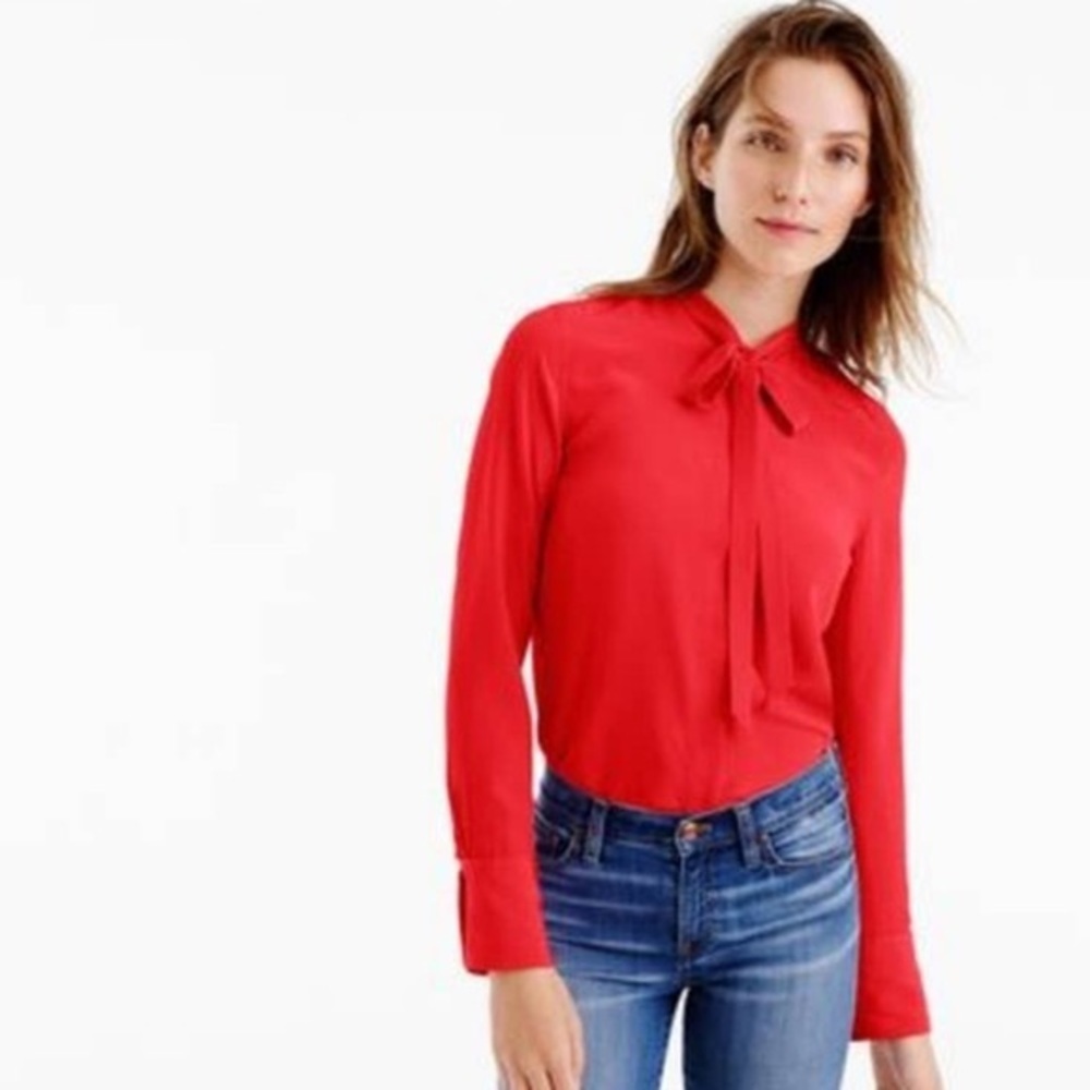 J Crew Red Silk Tie Front Long Sleeve Top US 10​​